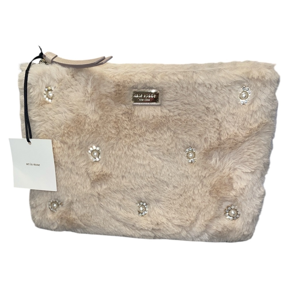 KATE SPADE FAUX FUR PEARL ENCRUSTED CLUTCH POUCH